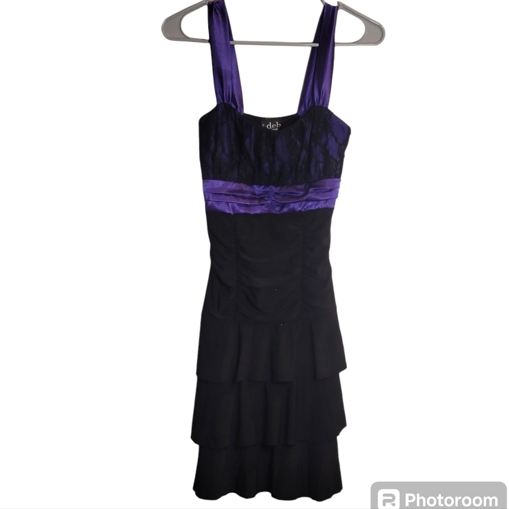 DEB, Black, ruffled, layered, semi-formal dress w  purple shoulder straps. SZ M